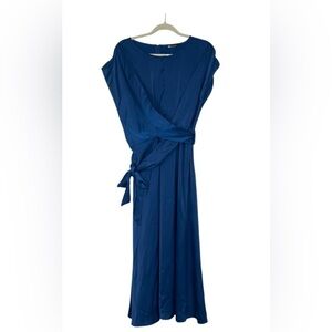 NWT Prettygarden Blue Maxi Dress Wrap Tie Waist Silky Satin V Neck Midi Large L